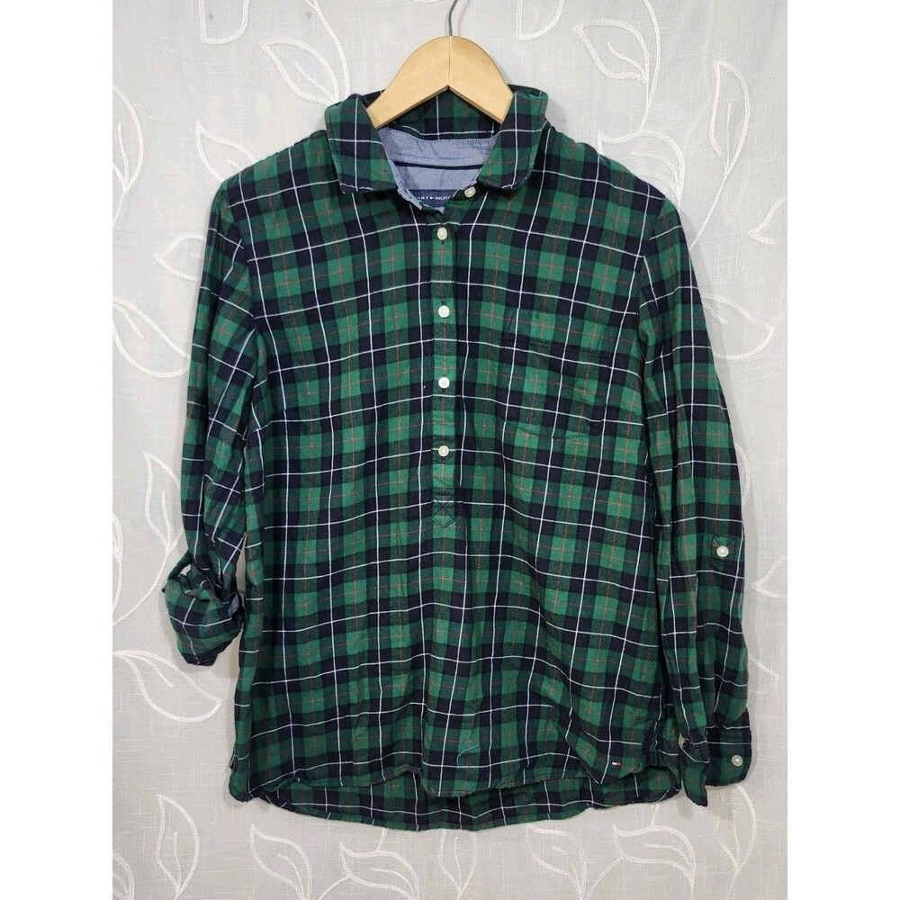 Tommy Hilfiger Women’s L Button Up Blue/Green Plaid Long Sleeve Preppy